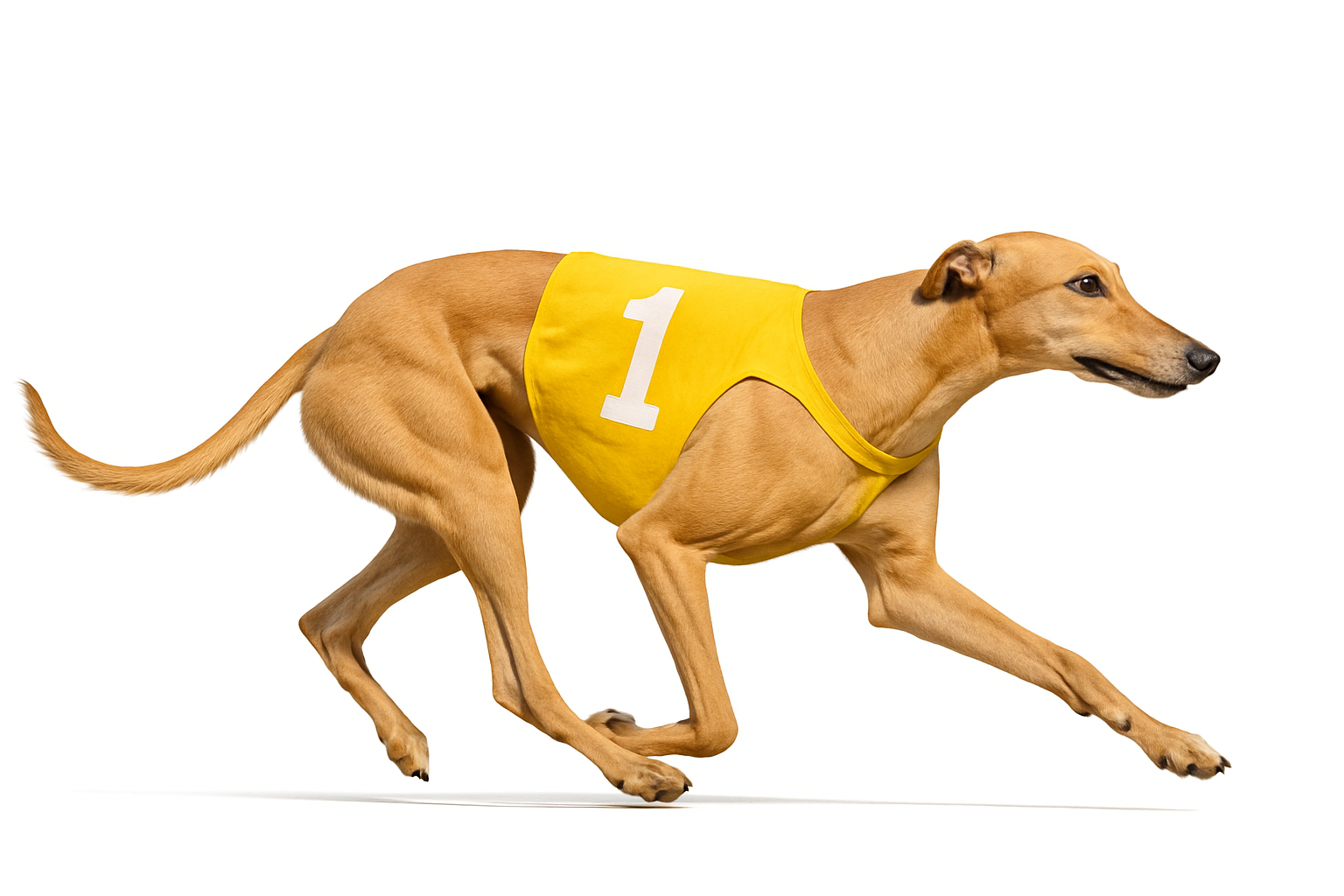Racing greyhound with yellow vest